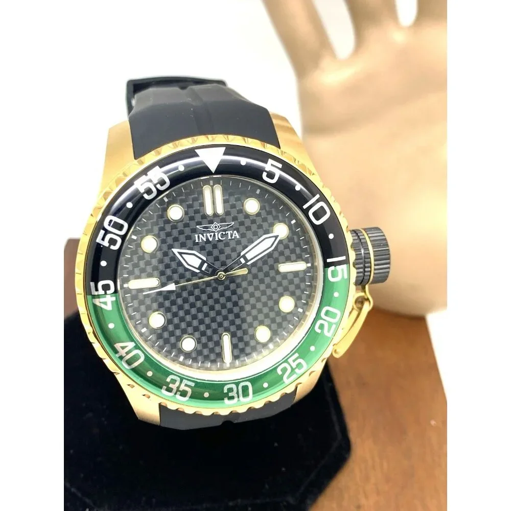 Invicta Men's Watch 35661 Pro Diver Quartz Gold Black Green Bezel Rubber Band